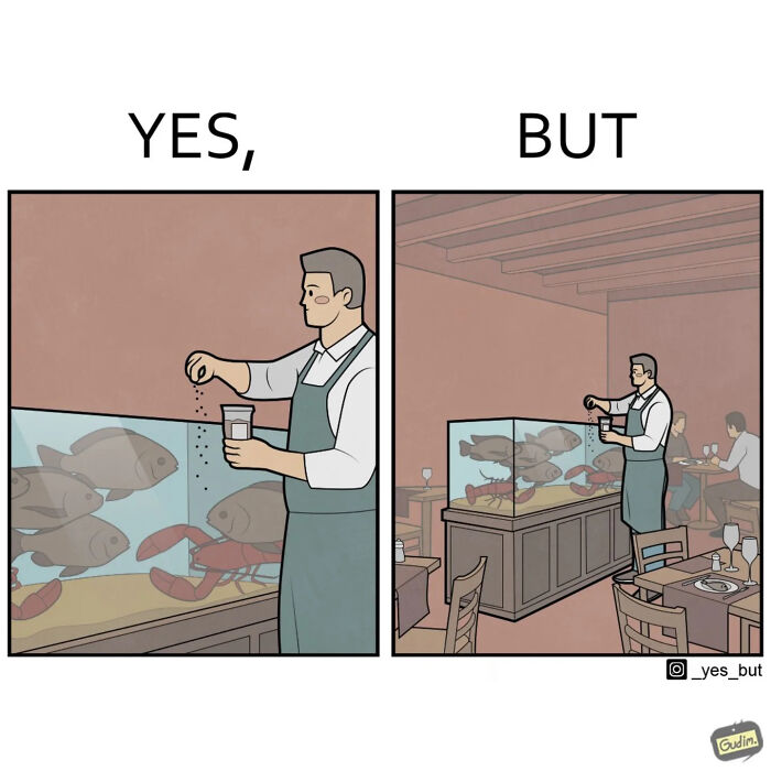 Yes, but comic panels showing a man feeding fish and lobsters in a restaurant aquarium, capturing modern life’s strangeness.