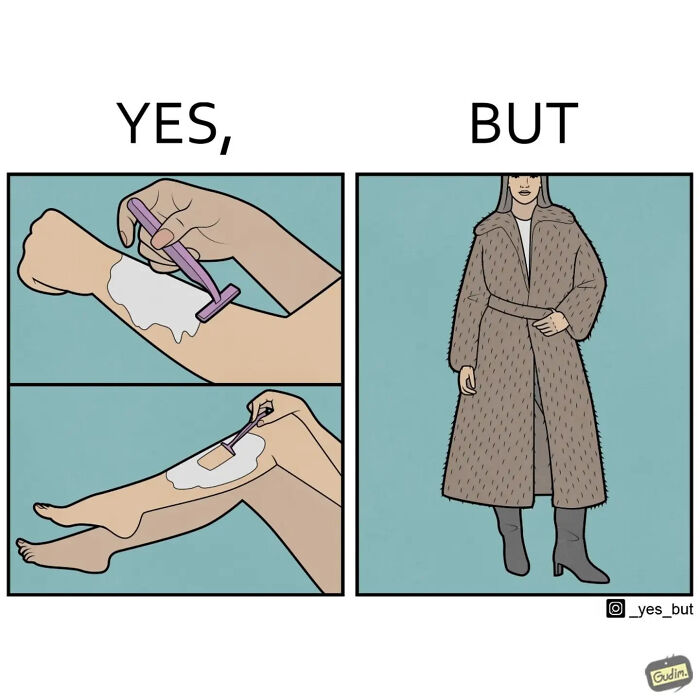 Comic panels showing shaving cream applied on arms and legs with razor, contrasted by a person wearing a furry coat labeled yes but comic.