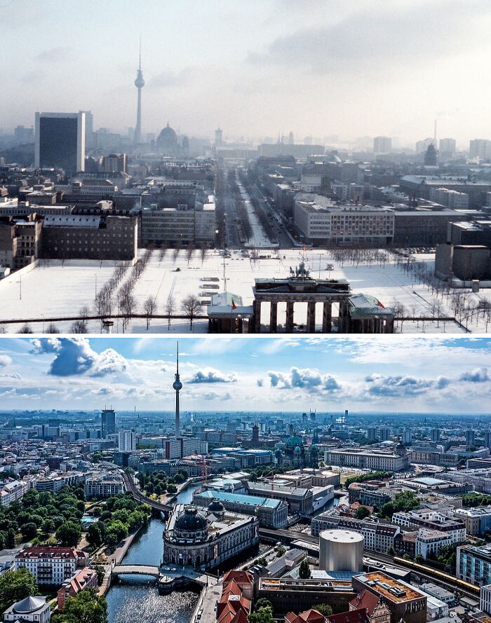 Aerial then and now photos showing the dramatic glow-ups of a famous city skyline and urban development.