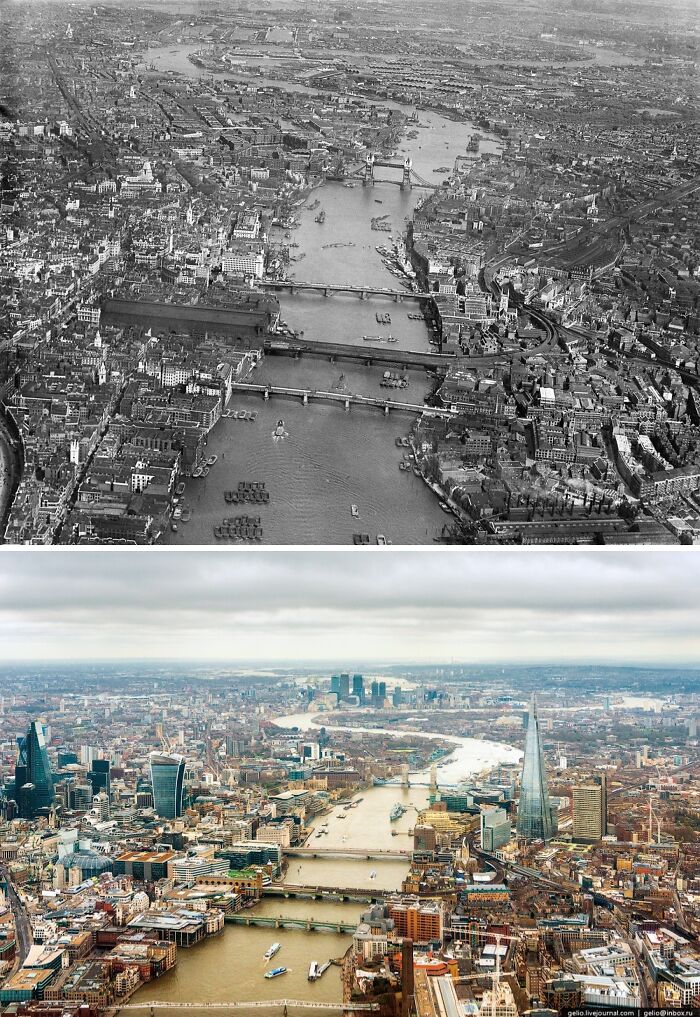 Then and now aerial photos showing the remarkable glow-ups of a famous city with historic bridges and modern skyscrapers.