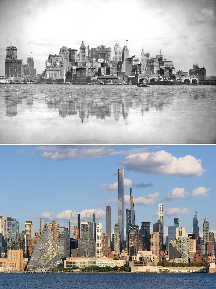 Then vs now photos showing glow-ups of famous cities with dramatic skyline changes and modern architectural growth.
