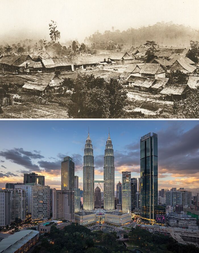 Then vs now photos showing the dramatic glow-ups of a famous city skyline with old village and modern skyscrapers.