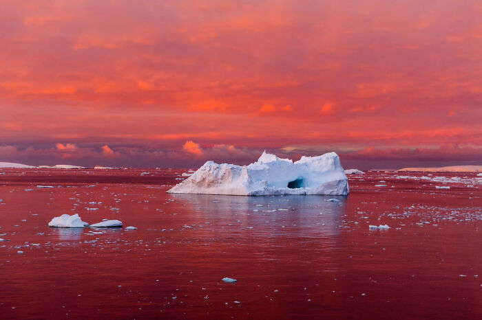 Iceberg floating in calm water under a vibrant red sky, showcasing a stunning and unique world perspective.