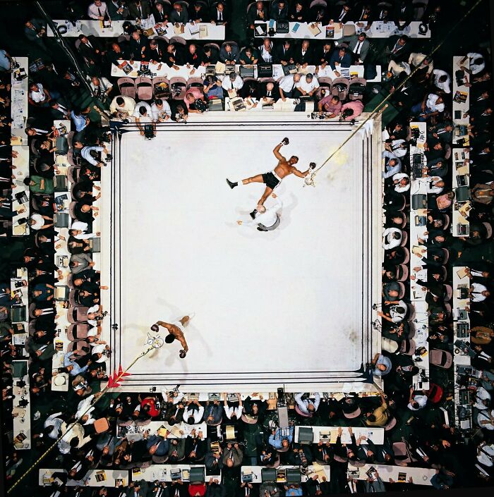 Overhead view of a boxing match surrounded by an audience, showing our world from a completely different perspective.