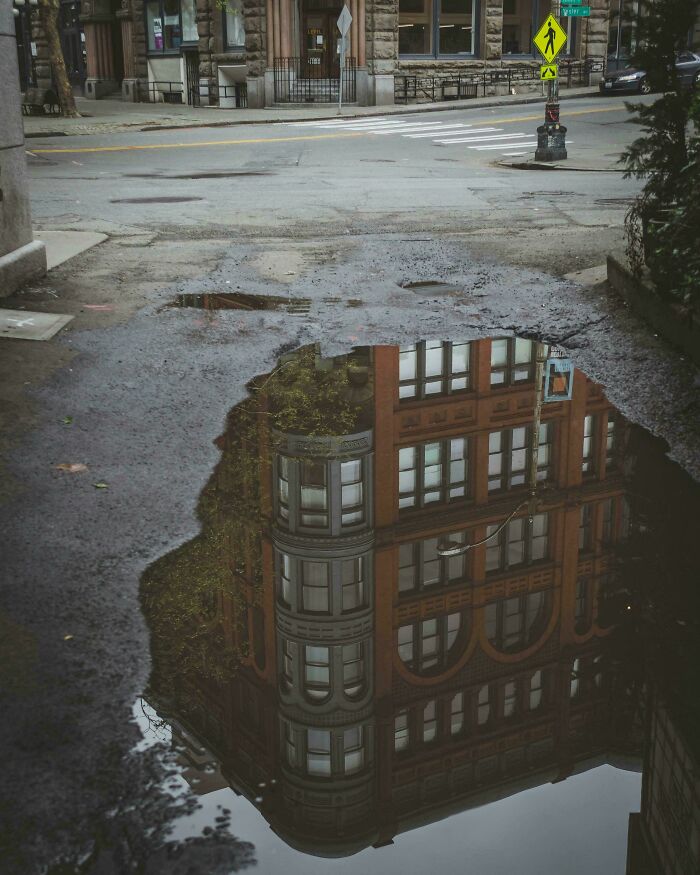 Reflection of a historic building in a puddle on a city street, showing our world from a different perspective.