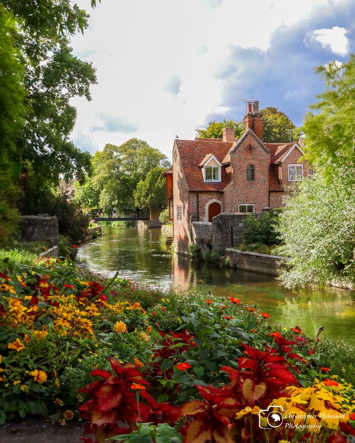 Scenic view of a brick house by a river with vibrant flowers and lush greenery showing a different world perspective.