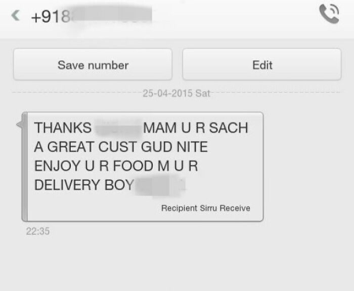 Funny delivery driver text message thanking customer and wishing them to enjoy their food in a casual tone.