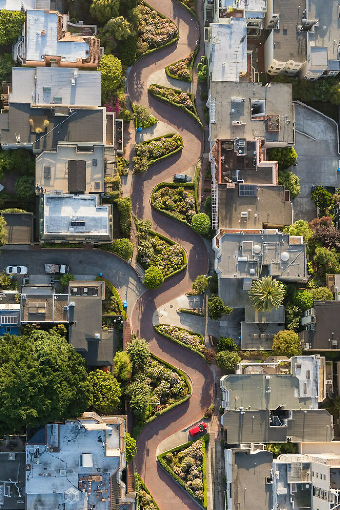 Aerial view of winding street lined with greenery and houses showcasing our world from a different perspective.