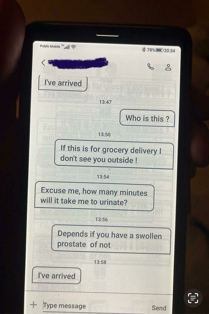 Text message exchange on a phone screen showing a funny conversation with a grocery delivery driver.