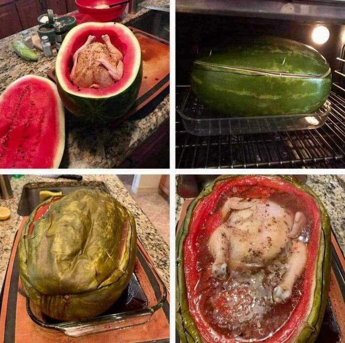 Chicken stuffed and cooked inside a watermelon, showcasing one of the most unusual and stupid dishes from the collection.