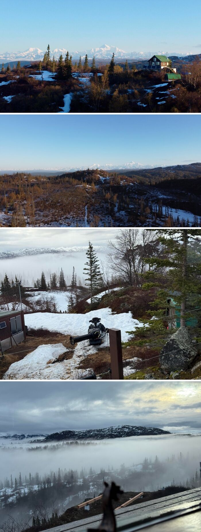 Cozy off-grid cabins nestled in snowy mountain landscapes surrounded by trees and foggy valleys under clear skies.