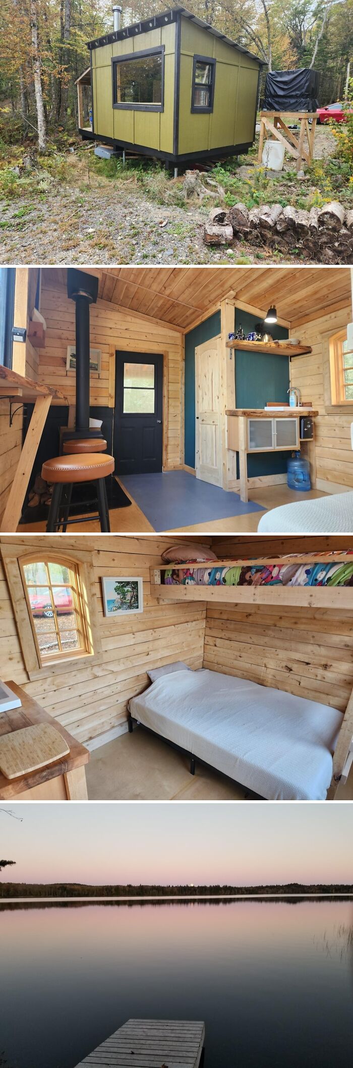 Cozy off-grid cabin exterior and interior with wood stove, bunk beds, rustic kitchen, and lake view at sunset.