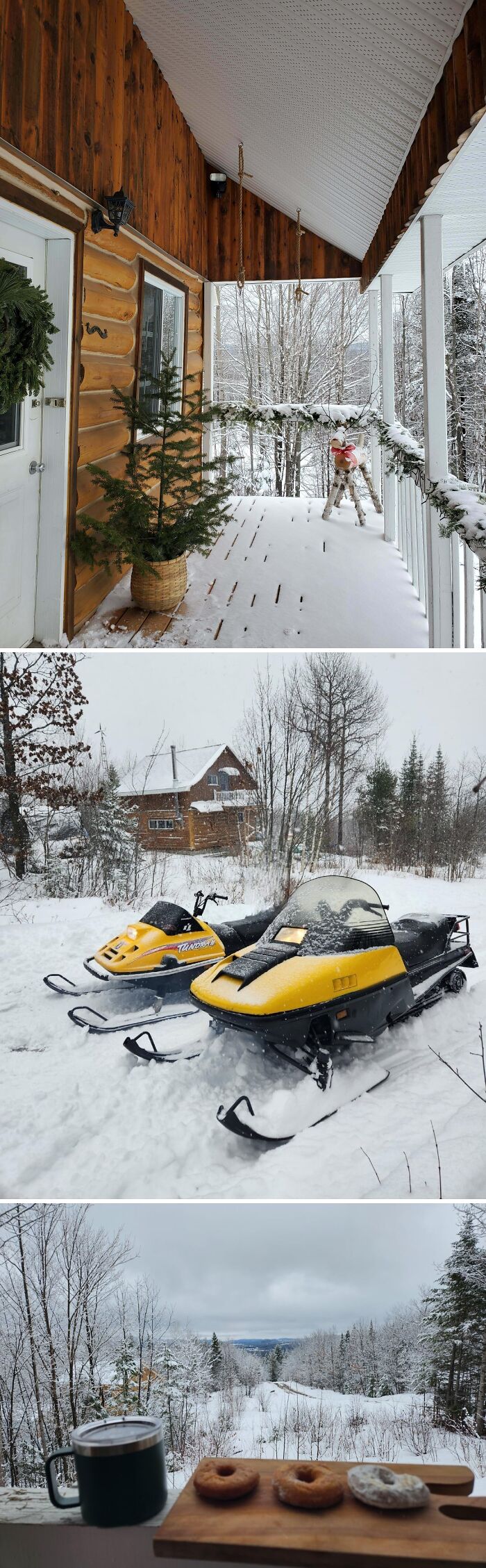 Cozy off-grid cabin porch decorated for winter, snowmobiles in snow, and snowy forest view with coffee and donuts.