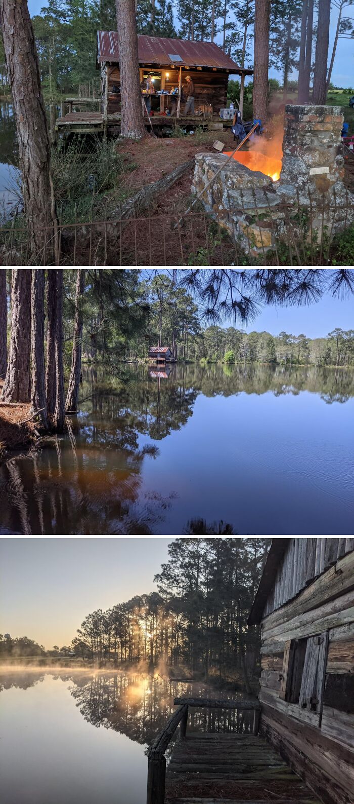 Cozy off-grid cabin by a serene lake with a glowing campfire and surrounded by tall pine trees in nature.