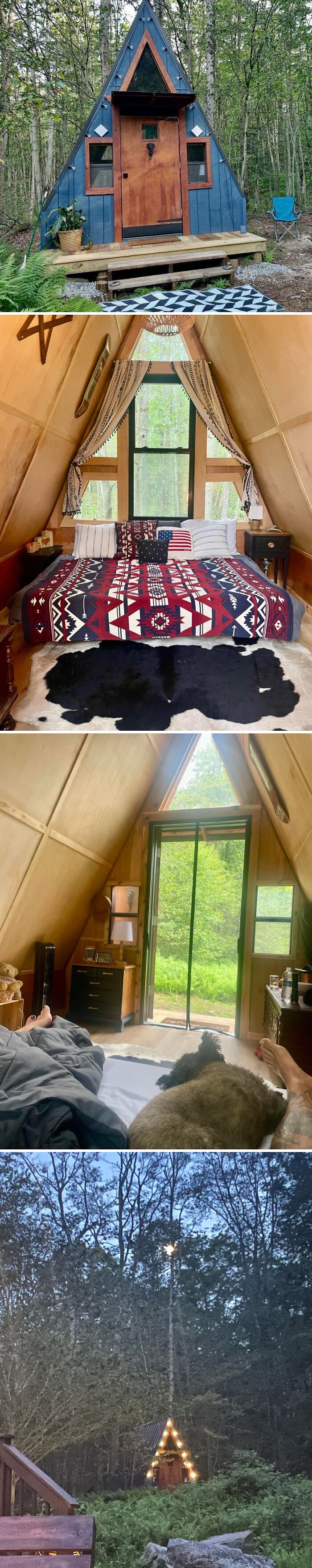 Cozy off-grid cabin in the woods with rustic interior, nature views, and peaceful outdoor setting surrounded by trees.