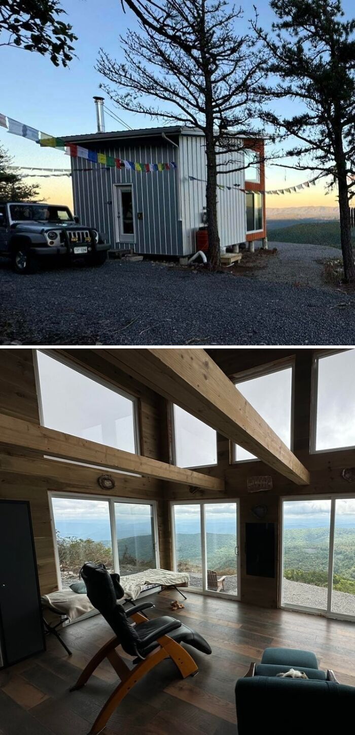 Cozy off-grid cabin exterior at sunset and interior with large windows overlooking mountain views for peaceful retreat.