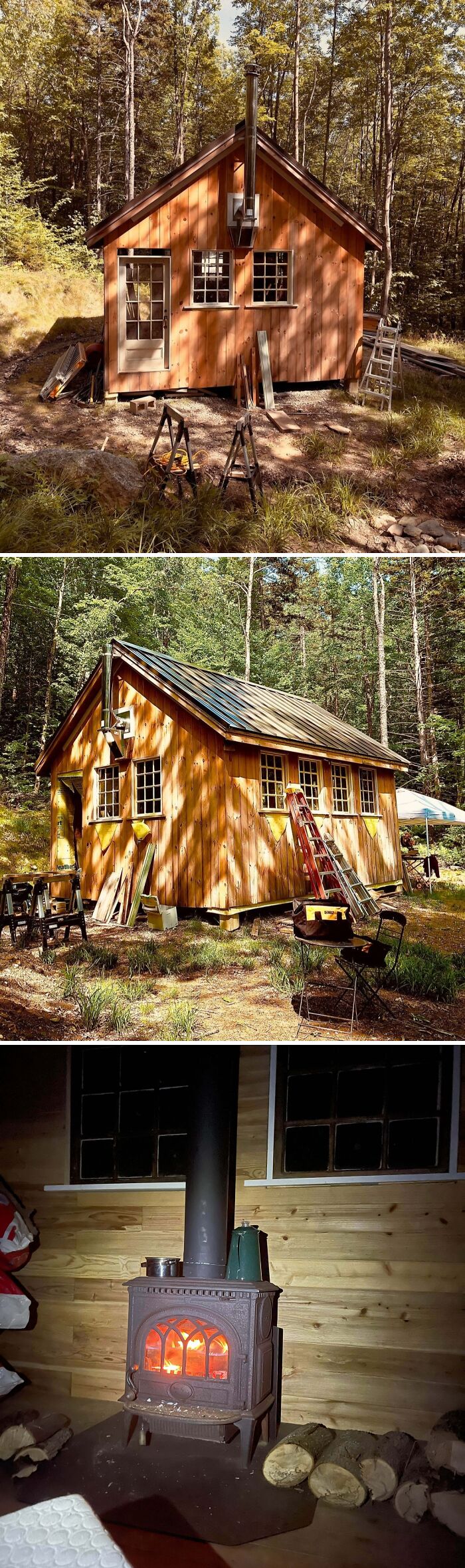 Cozy off-grid cabin surrounded by forest, showing exterior construction and a warm wood stove inside.