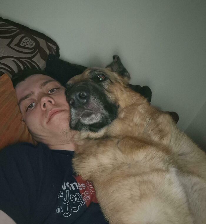 Man lying down with a large dog closely cuddling him, showing how pets take over personal space in new pet photos.