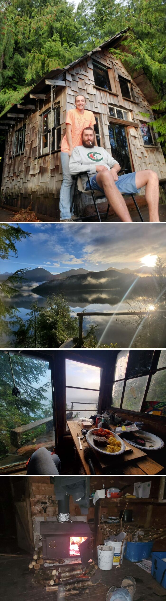Couple outside a cozy off-grid cabin surrounded by forest, peaceful lake views, cabin interior, and a wood-burning stove.