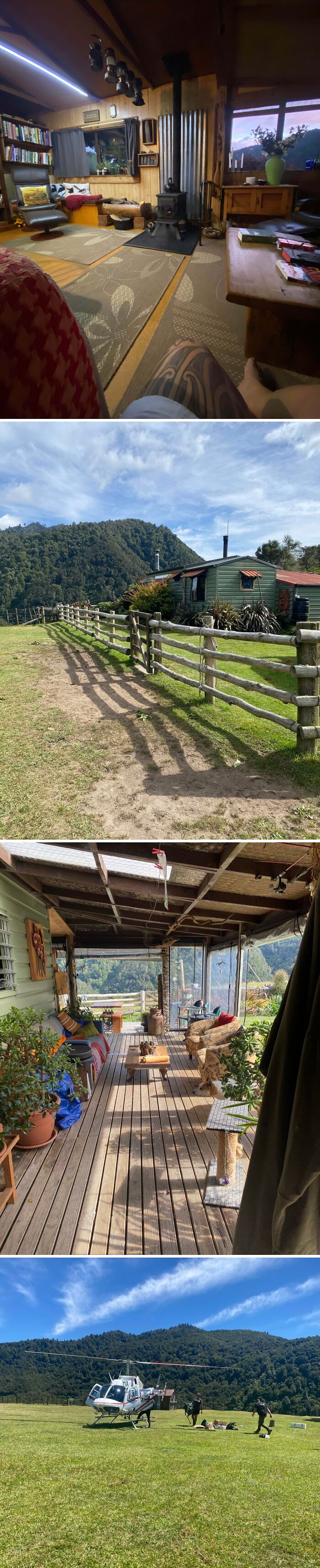 Cozy off-grid cabin interior and exterior with mountain views, wooden porch, and peaceful rural surroundings perfect for disconnecting.