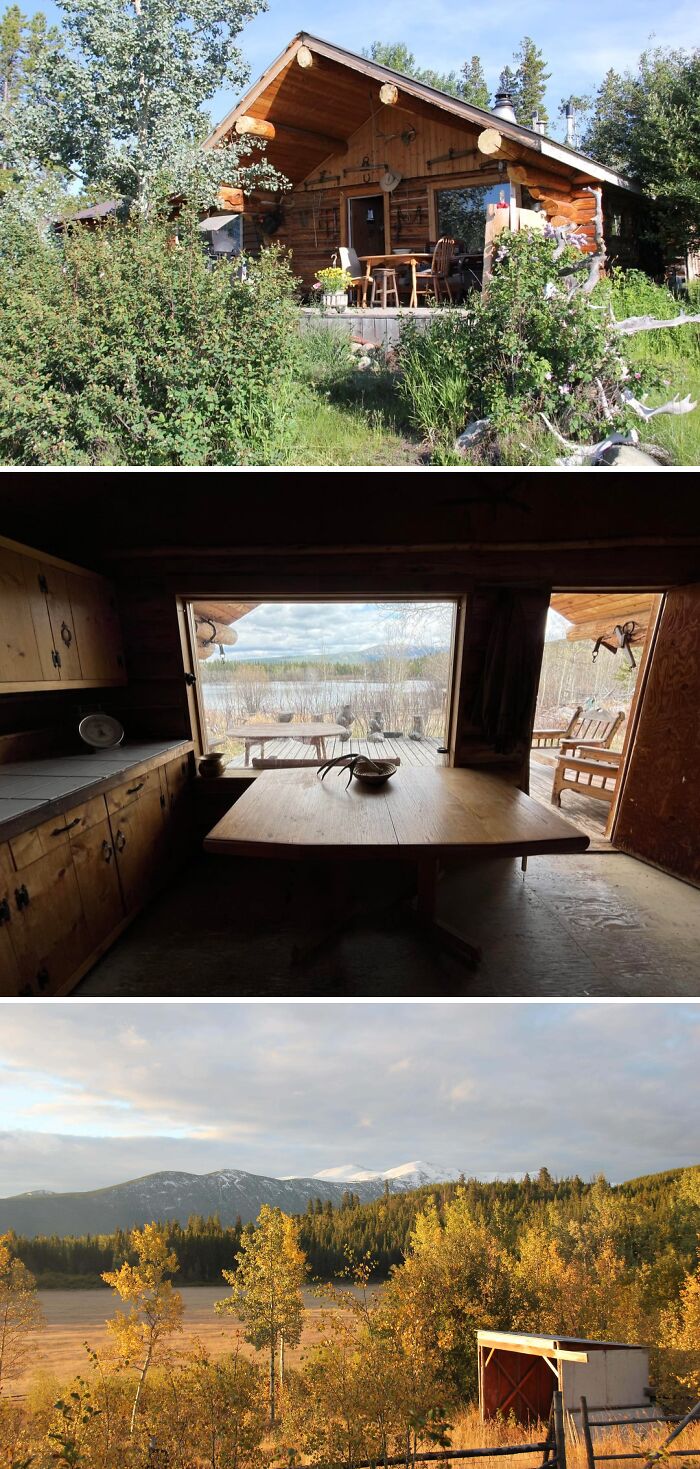 Cozy off-grid cabin exterior and interior with rustic wooden furniture overlooking autumn forest and mountain views.