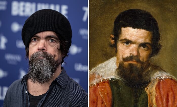 Side-by-side image of a modern celebrity and a historical painting showing similar facial features and beards, celebrity lookalikes.