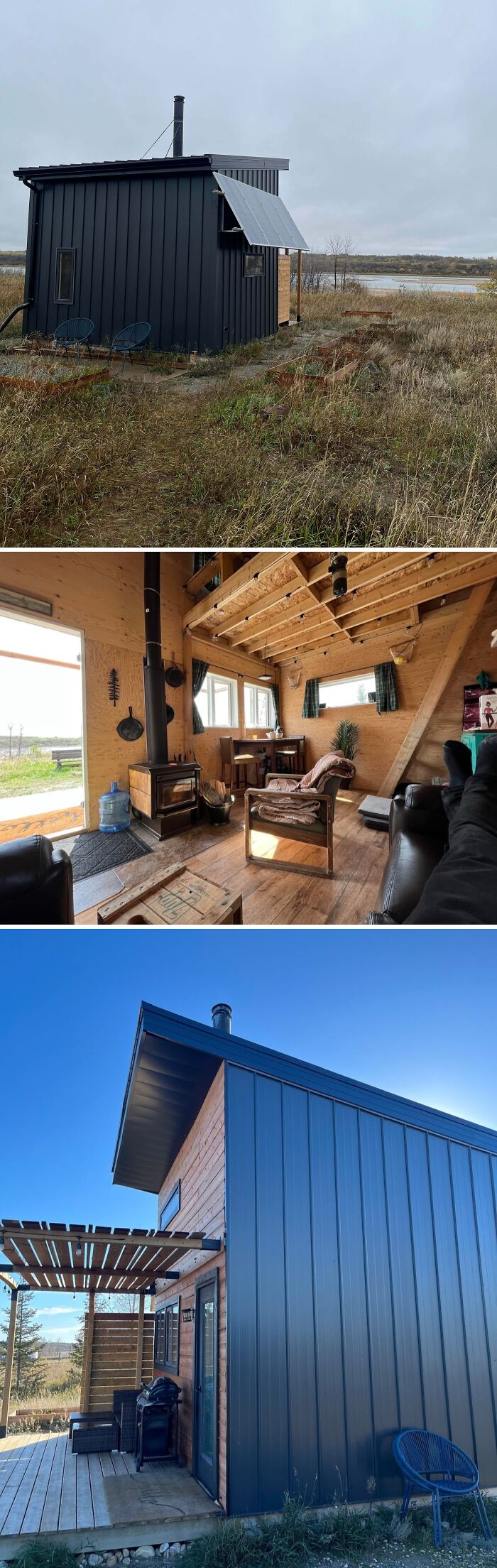 Cozy off-grid cabin with modern exterior, rustic wooden interior, and peaceful outdoor seating in a natural landscape.