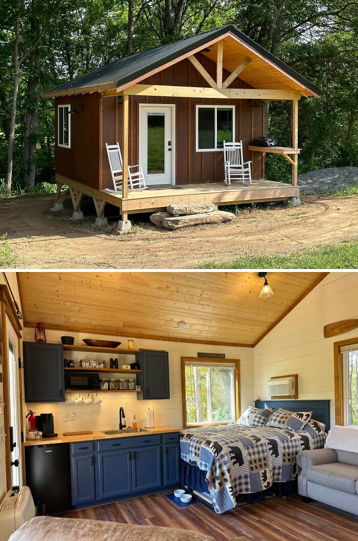 Cozy off-grid cabin exterior with porch and rocking chairs, and interior featuring kitchen, bed, and rustic decor.