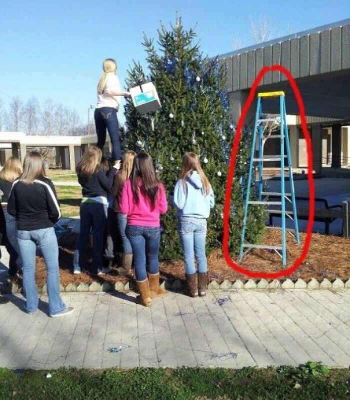 A group of people decorating a Christmas tree while ignoring an obvious ladder nearby, showing zero common sense.