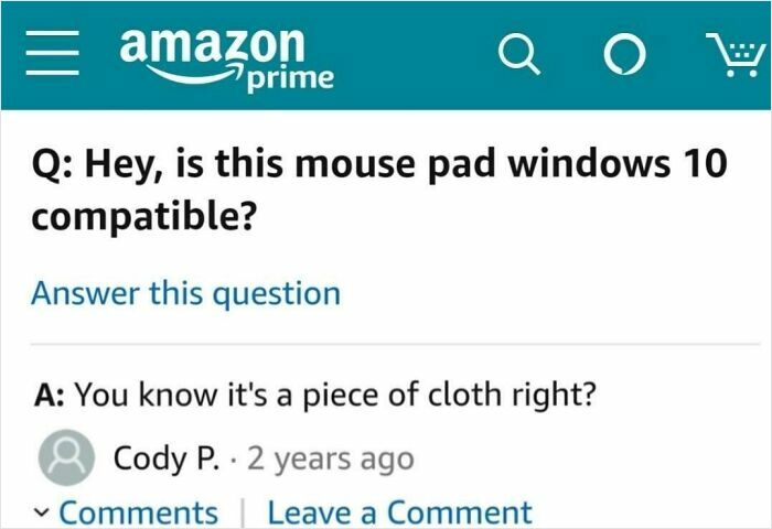 Amazon Prime Q&A showing user asking if mouse pad is Windows 10 compatible and answer explaining it's a piece of cloth.