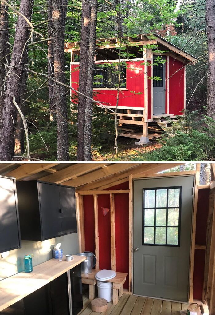 Small cozy off-grid cabin with red exterior in forest and simple rustic interior with basic amenities and wood framing.