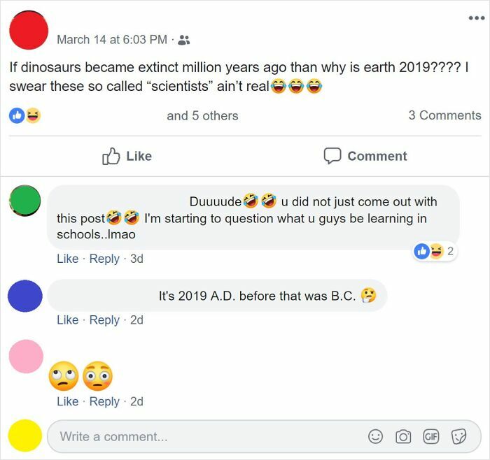 Social media comments showing zero common sense with users questioning dinosaur extinction and historical timelines.