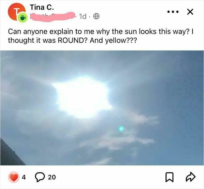 Social media post questioning why the sun looks irregular, showcasing people with zero common sense.