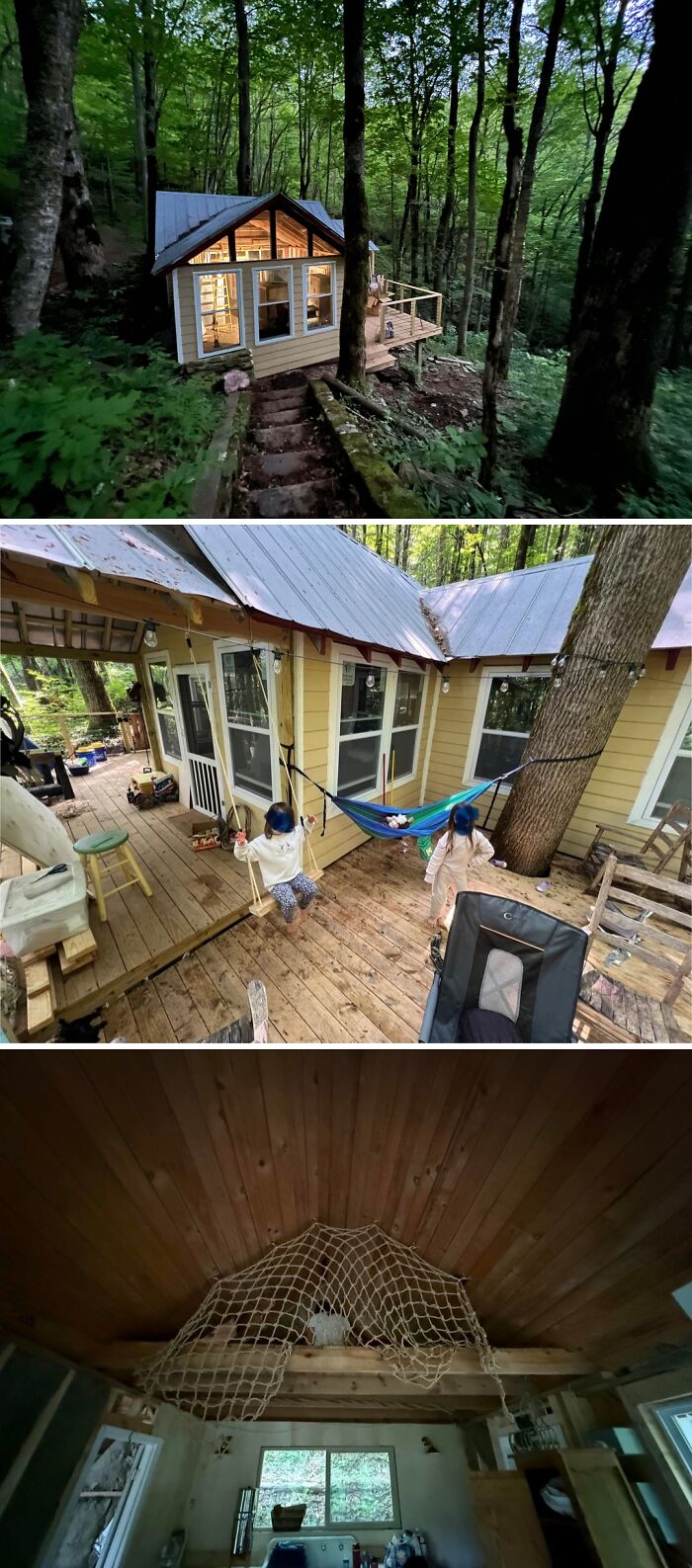 Cozy off-grid cabin in a forest with wooden deck, hammock, children playing, and rustic interior with wood ceiling beams.