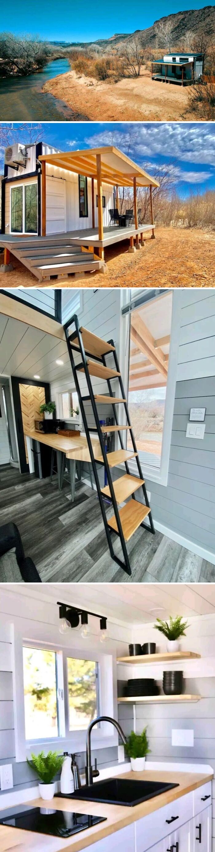 Cozy off-grid cabin exterior by river, modern porch, interior ladder, and bright kitchen with plants and wooden shelves.