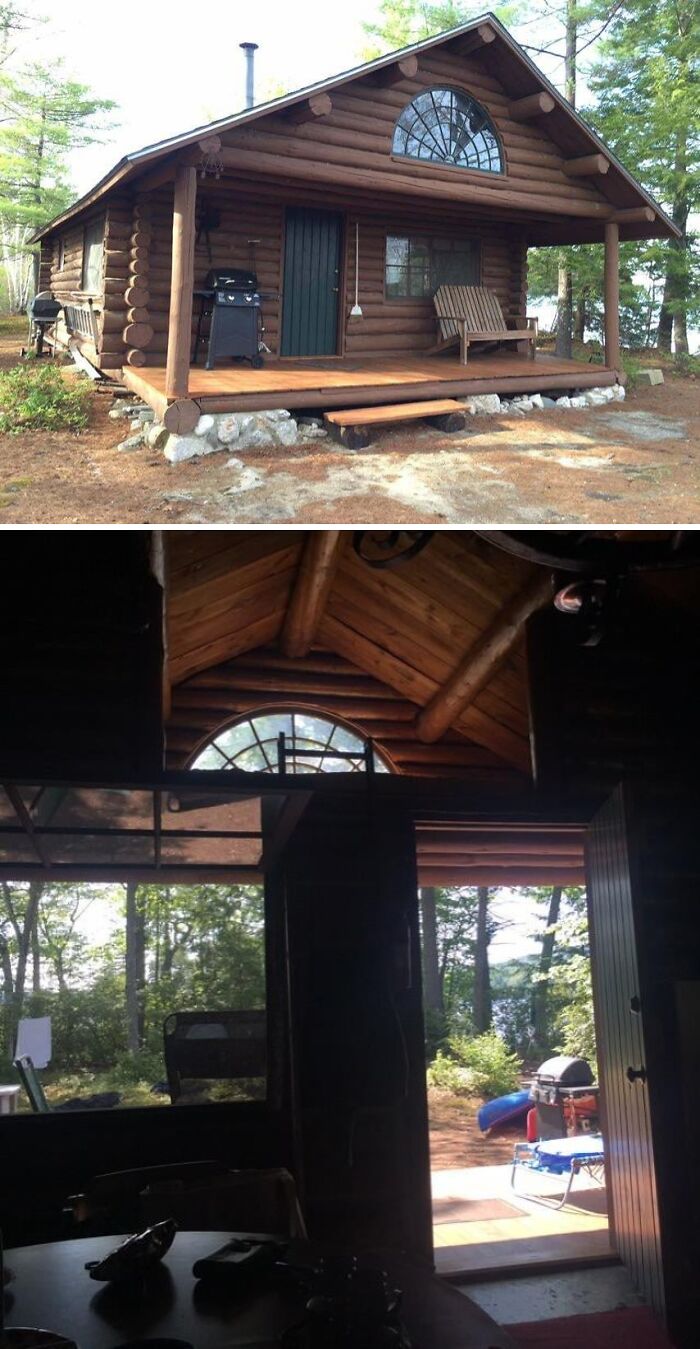 Cozy off-grid cabin exterior with wooden porch and interior view of rustic cabin opening to forested outdoor area.