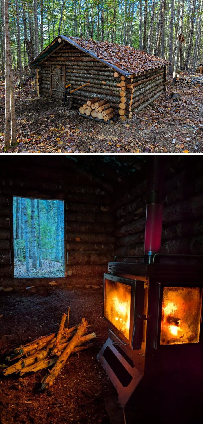 Cozy off-grid cabin in the woods with a wood-burning stove glowing warmly inside during twilight.