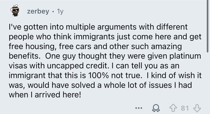 Screenshot of a social media comment showing lack of common sense in beliefs about immigrant benefits.