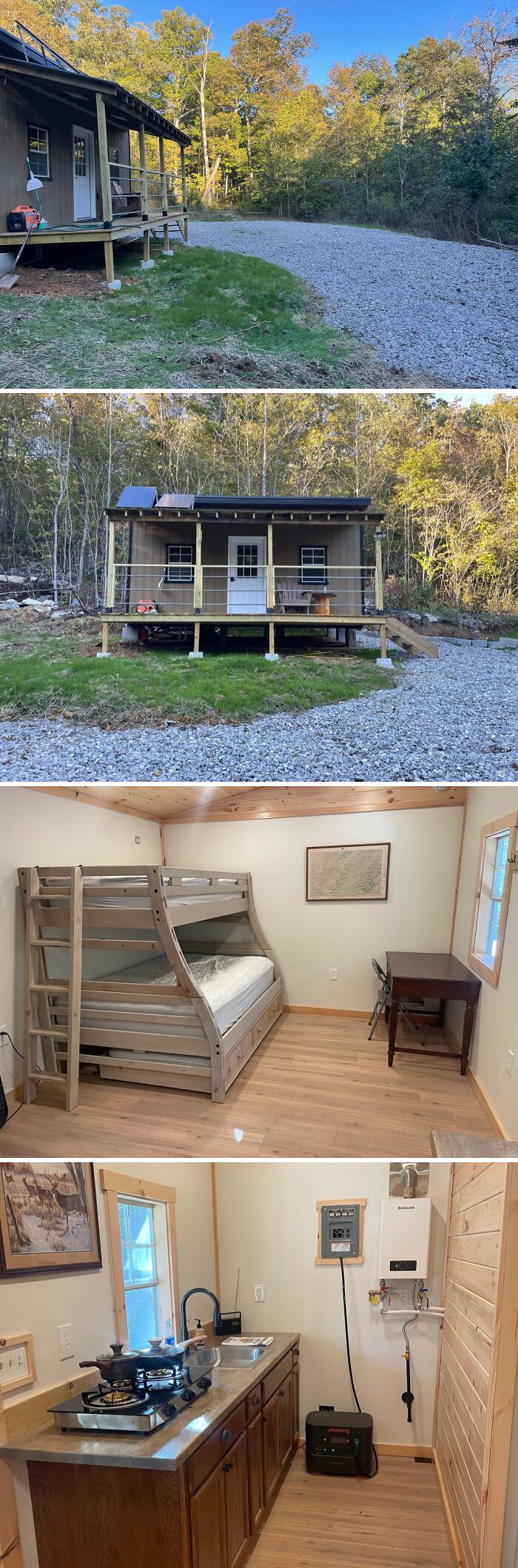 Cozy off-grid cabin with porch, bunk beds, kitchen, and surrounded by lush forest for peaceful disconnect.