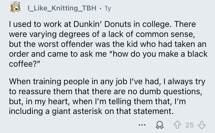 Text post about lack of common sense at work, sharing a story of someone not knowing how to make black coffee.