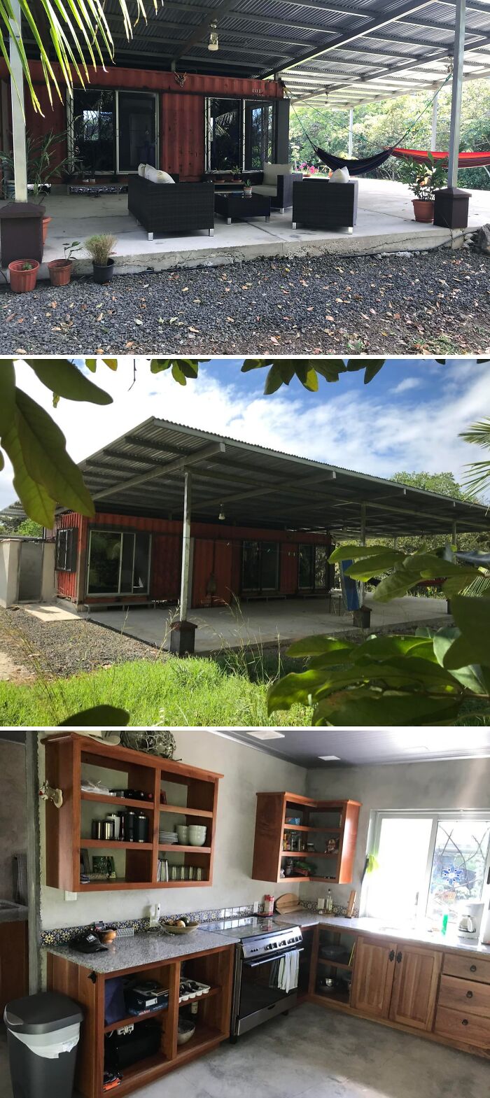 Cozy off-grid cabin with outdoor seating, hammocks, metal roof, and rustic kitchen surrounded by nature and greenery.