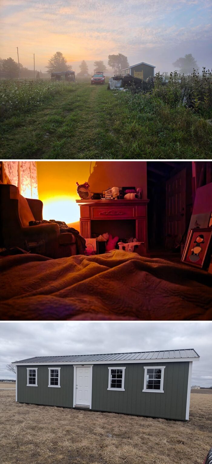 Misty outdoor scene with off-grid cabin, cozy indoor space with warm light, and small green off-grid cabin on dry grass.