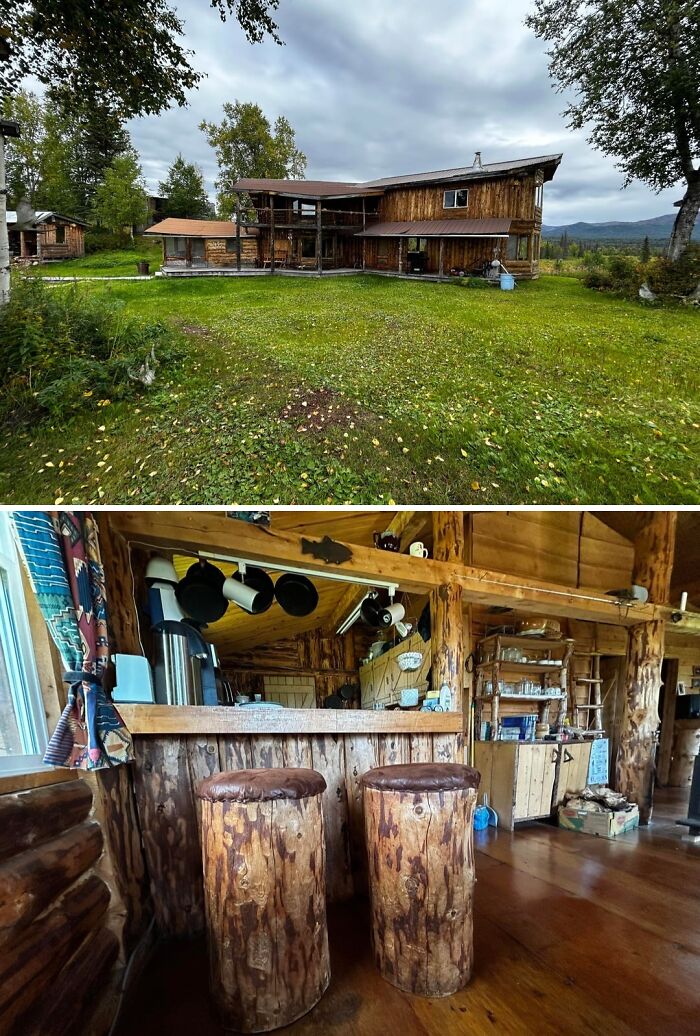 Rustic cozy off-grid cabin exterior with large lawn and interior with wooden log stools and kitchen area.