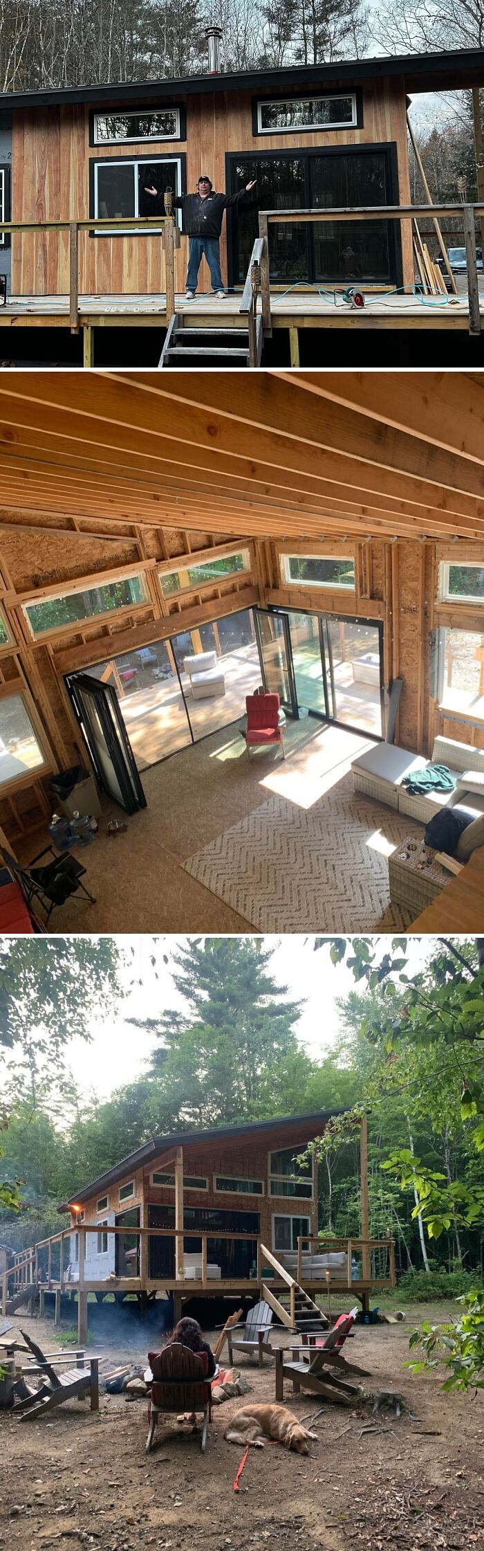 Cozy off-grid cabin in the woods with large windows, wooden deck, interior living space, and outdoor seating by a campfire.