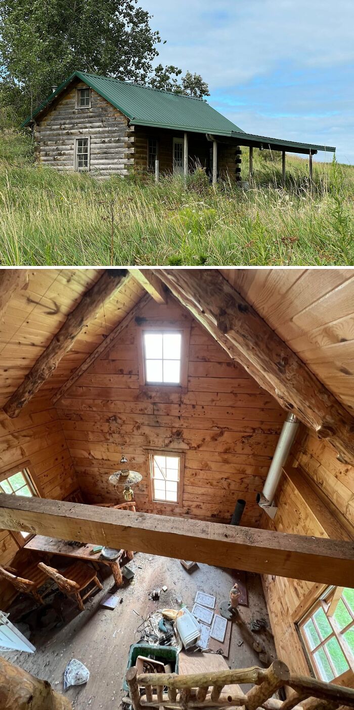 Cozy off-grid cabin with green roof in tall grass and rustic wooden interior with loft and natural log furniture.