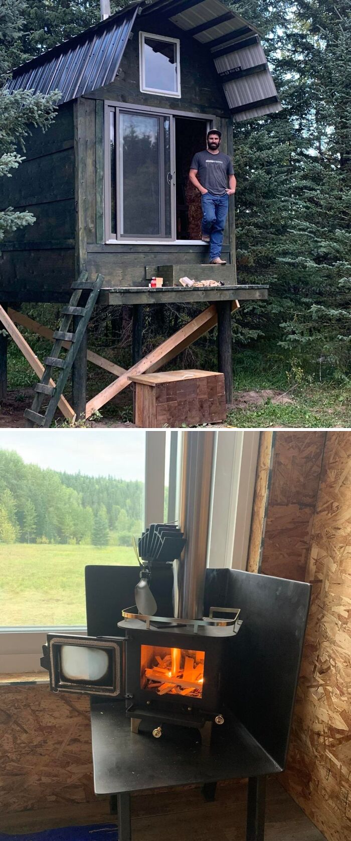 Man standing outside a cozy off-grid cabin in the woods with a wood-burning stove inside warming the space.