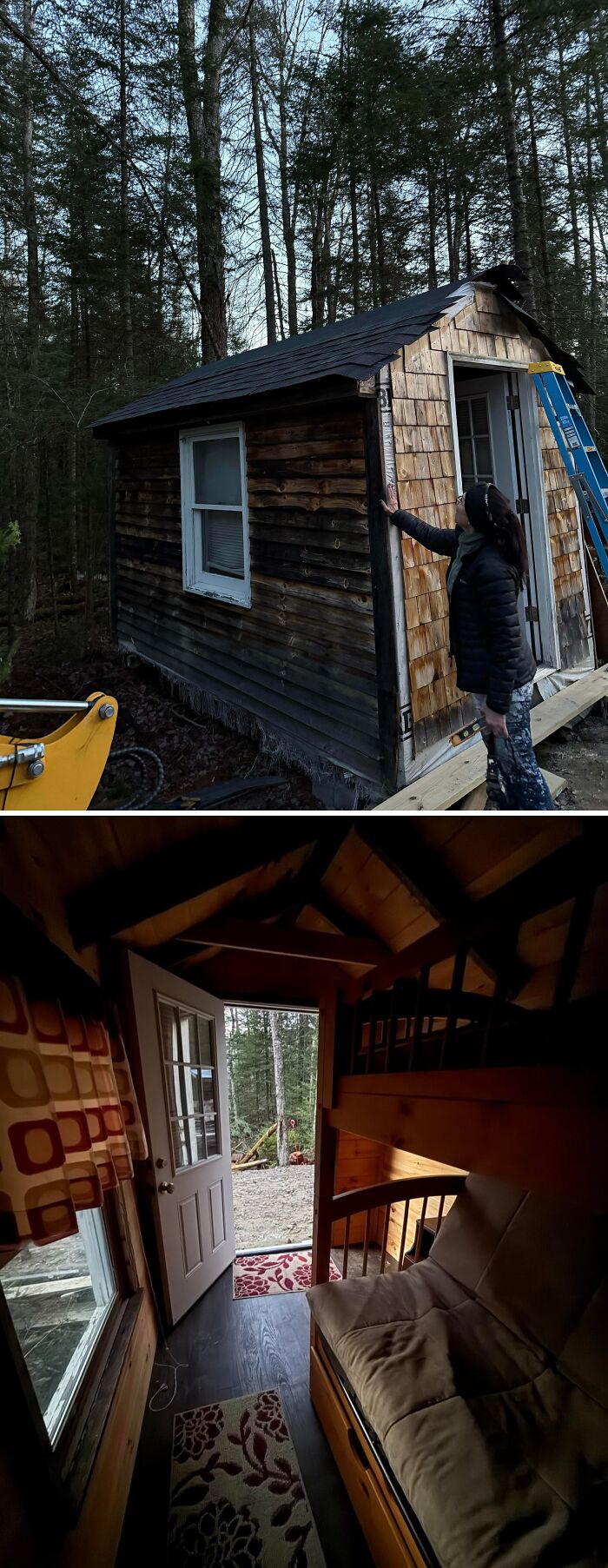 Cozy off-grid cabin exterior under construction in the woods plus interior showing rustic furnishings and open door to nature.