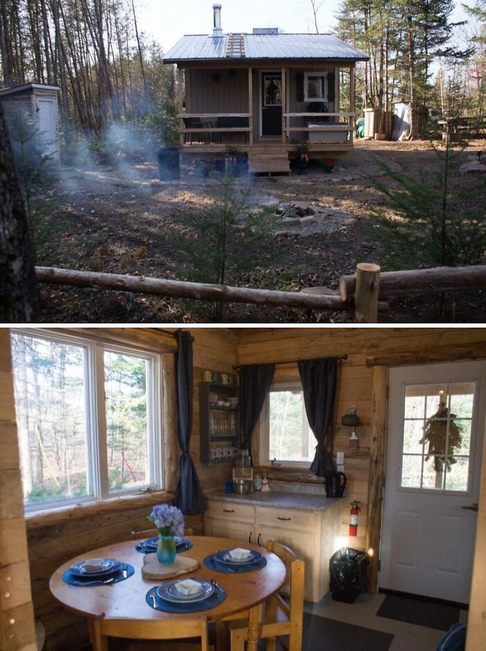 Cozy off-grid cabin exterior in forest and rustic interior dining area with wooden table and kitchen amenities.