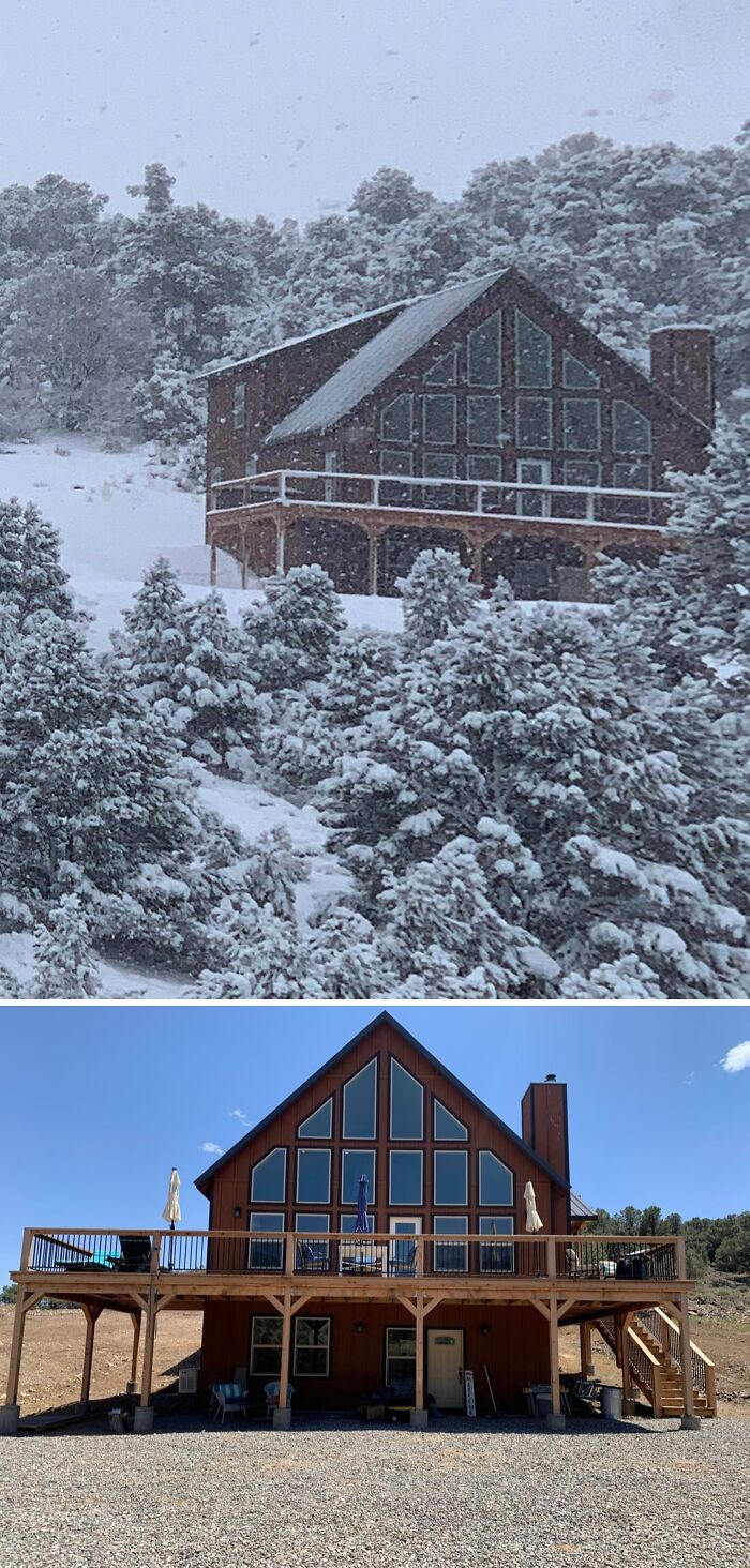 Cozy off-grid cabin with large windows and expansive deck surrounded by snowy trees and dry wilderness in different seasons.