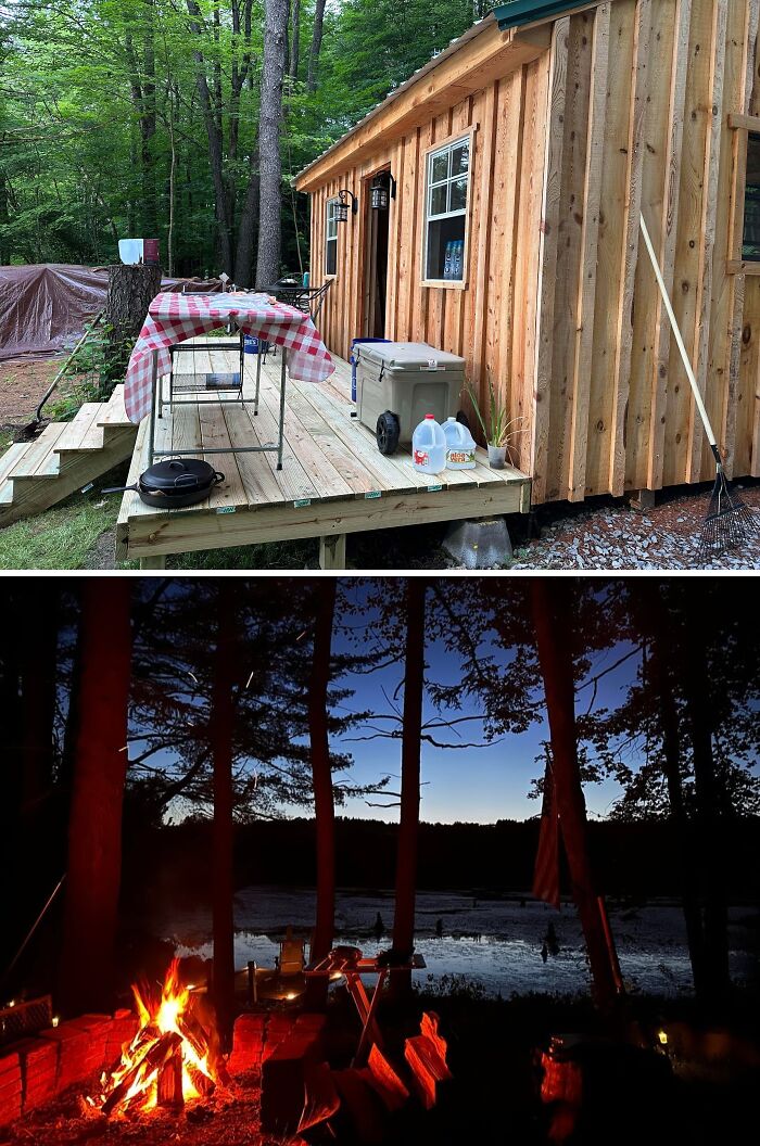 Cozy off-grid cabin deck with picnic setup in woods and nighttime campfire by a lakeside surrounded by trees.